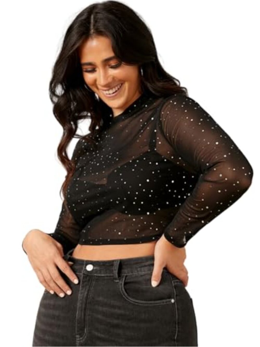 Sheer Mesh Mock Neck Rhinestone Crop Top Long Sleeve Plus Size